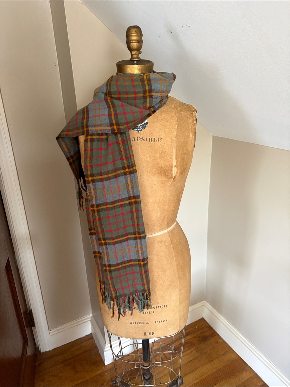 Ralph Lauren Olive Plaid Scarf with Slate & Red Accents
